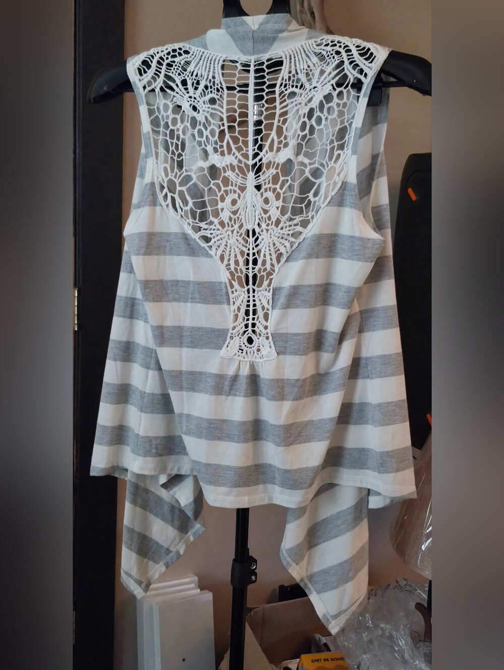 Striped Ck Grey & White Lace-Back Sleeveless Top